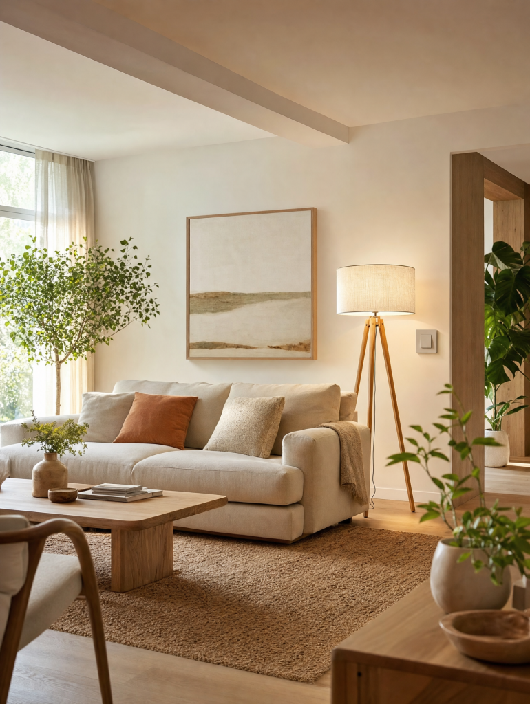 Interior de vivienda con decoración cuidada y una lámpara de pie.