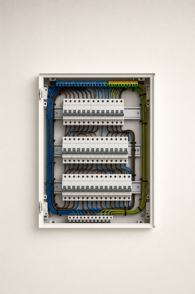 Cuadro eléctrico doméstico con interruptores y cableado ordenado.
